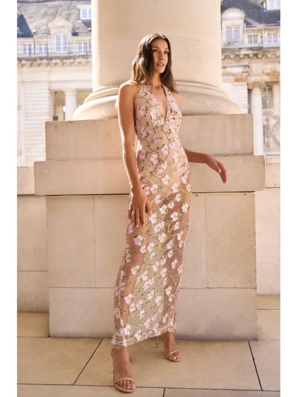 Sau Lee Olympia Sheer Mesh Maxi Dress Nude Womens Size 4 - Picture 2 of 12